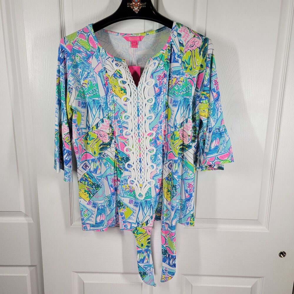 Lilly Pulitzer SZ Med Pleated Krysta Blouse Pop Up Which You Were Here NWT
